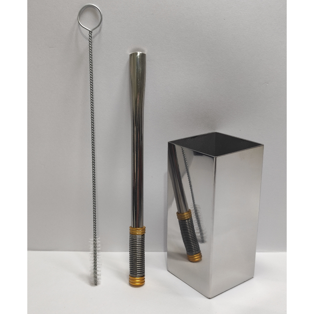 Kit POLIDO PARA Tereré: Copo Cuia quadrado INOX polido 250ml + Bomba Mola externa Premium e Escovinha de Limpeza