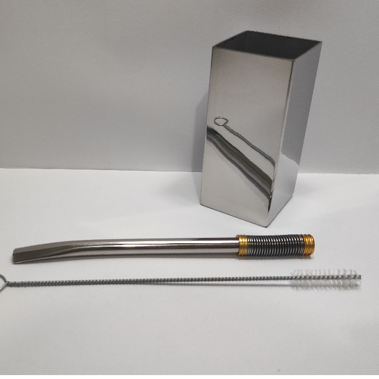 Kit Tereré: Copo Cuia quadrado INOX polido 250ml + Bomba MOLA EXTERNA Premium POLIDA e Escovinha de Higienização