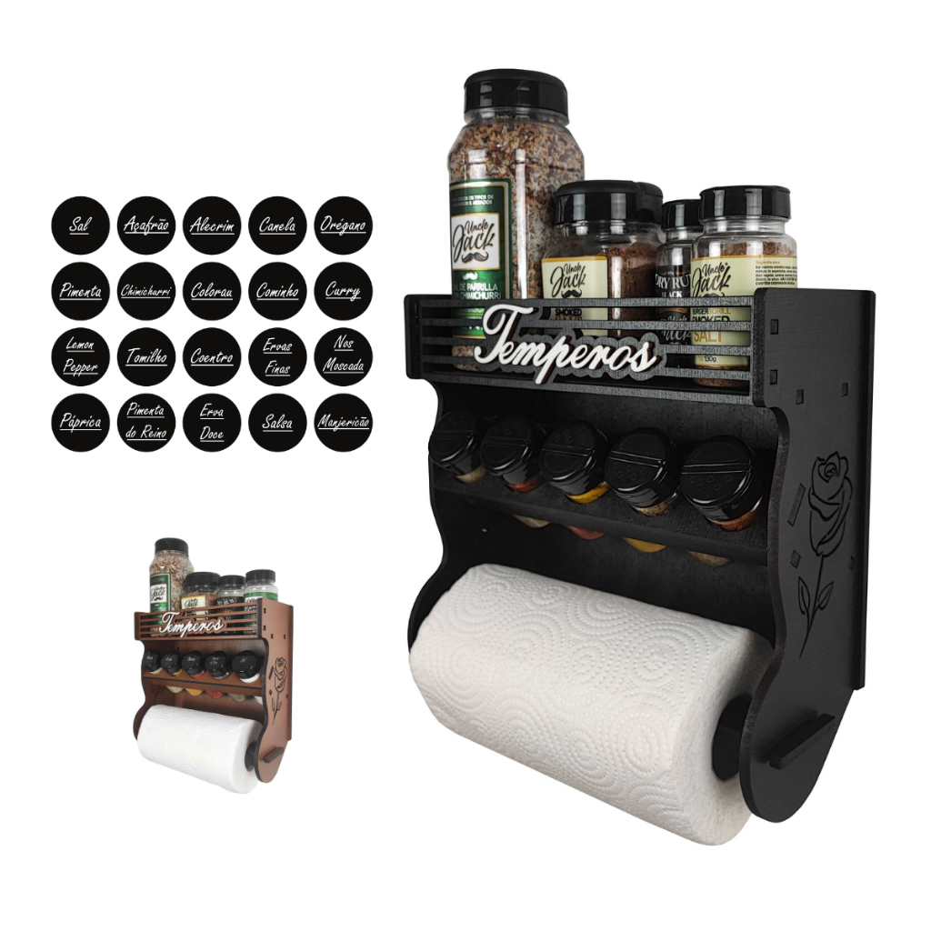Porta Tempero Parede 5 Potes com Local para Potes de Tamanhos Variados com Etiquetas