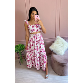 Conjunto saia longa e Cropped lastex florado