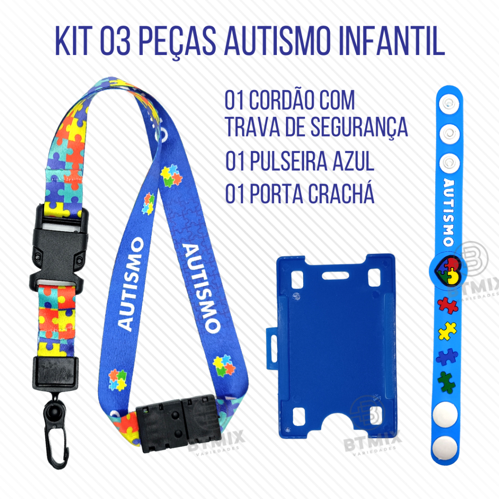 Kit Infantil Autismo 03 Peças Cordão com Trava de Segurança Pulseira e Porta Crachá - CÓD 023 em Oferta na Shopee