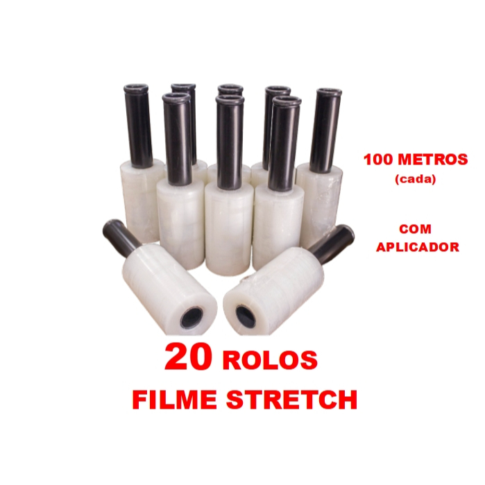 20 Rolos Filme Stretch C/ Cabo Adaptador (10cm) 100 Metros (cada)