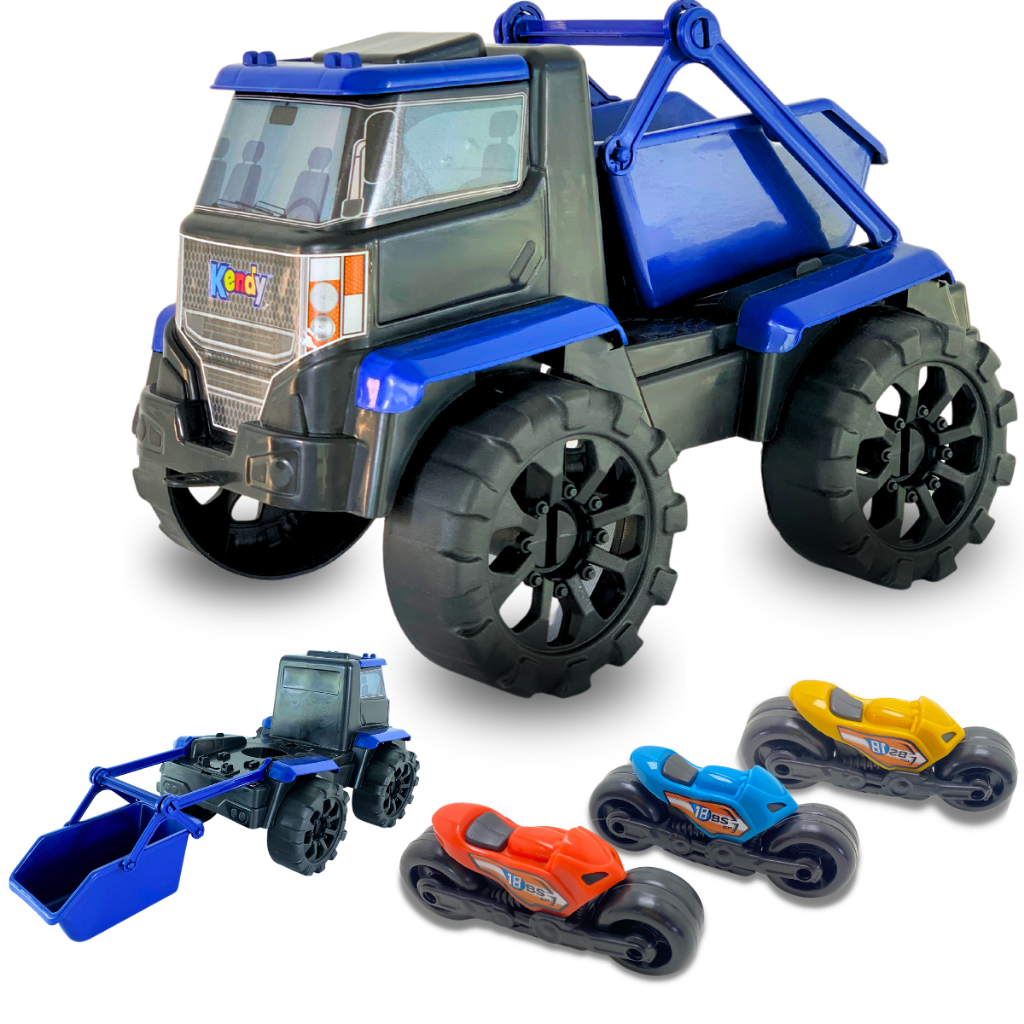 Caminhão de brinquedo grande caçamba trator carregadeira + 3 MOTOS ESPORTIVAS  presente menino menina aniversário super truck resistente brinquedo grande