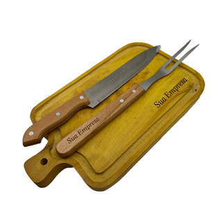 Kit Churrasco Garfo Faca 2 Peças Estojo + Tábua Madeira Personalizados Laser