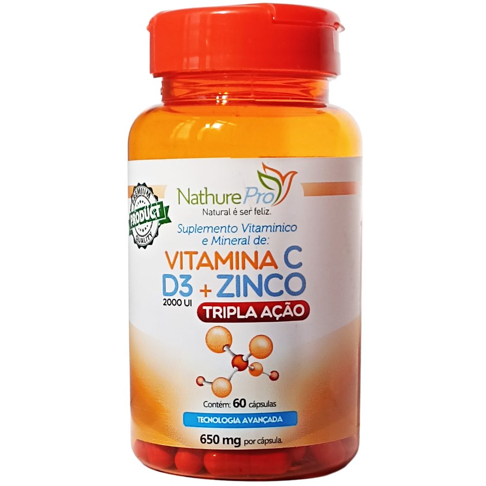 Vitamina C + D3 + Zinco 60 Cáps 500 mg NathurePro Imunidade