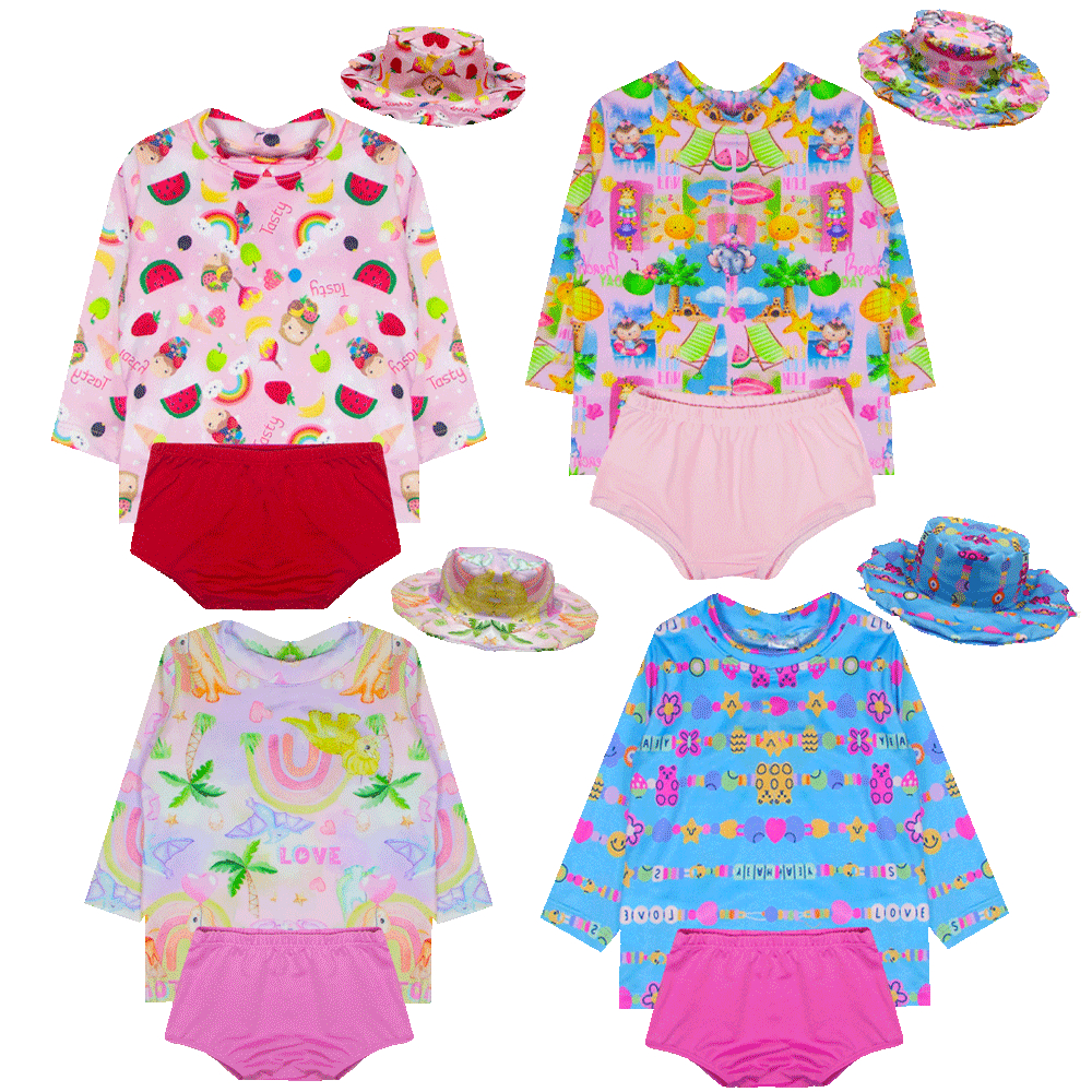 Kit Blusa com Proteção Solar UV50 + Tapa Fralda + Chapéu Bebê e Infantil Moda Praia Meninas - Biquíni Infantil Feminino