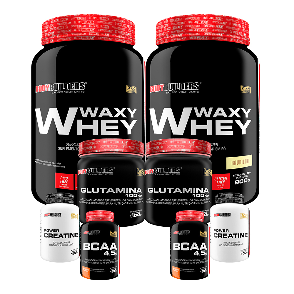 Kit 2x Whey Protein Waxy Whey Pote 900g + 2x Power Creatina 100g + 2x Glutamina 100% 300g + 2x BCAA 4,5 100g - Kit Para Auxiliar na Recuperação Muscular - Bodybuilders