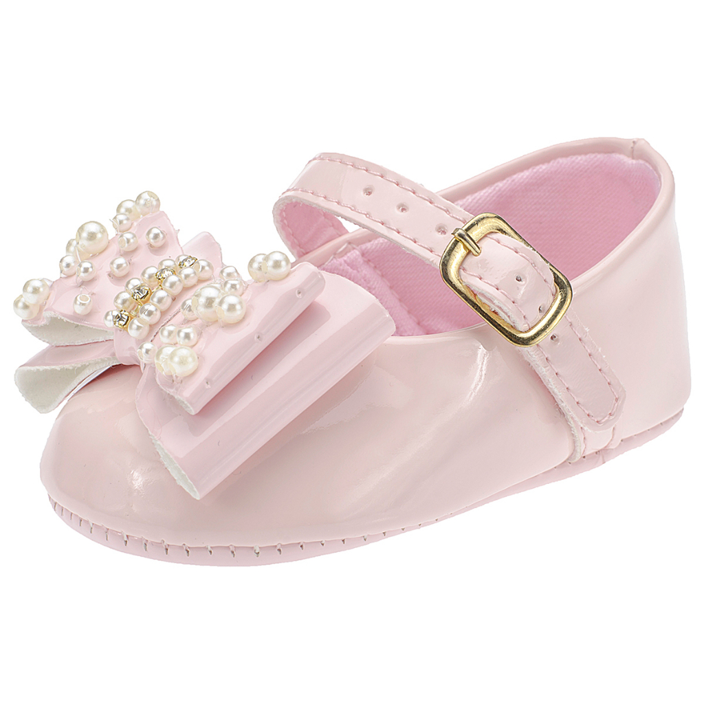 Sapatilha bebê com laço em pérolas verniz batizado