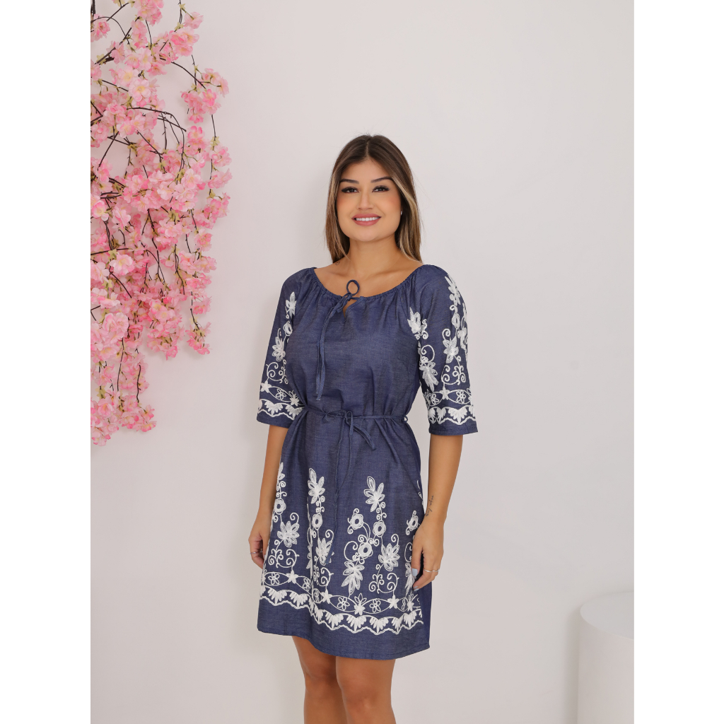 Vestido Feminino Jeans Manga 3/4 com Barrado e Manga Rendada Decote Canoa Blogueira — imagem 2 de 2