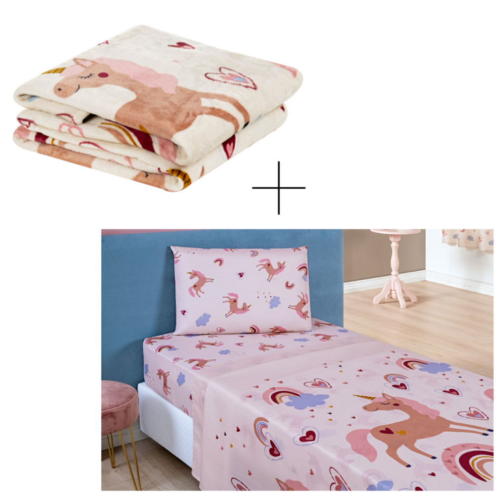 Kit 3 Peças Manta Soft Solteiro c/Jogo de Lençol Infantil Menina/ Menino Macio - Unicórnio...
