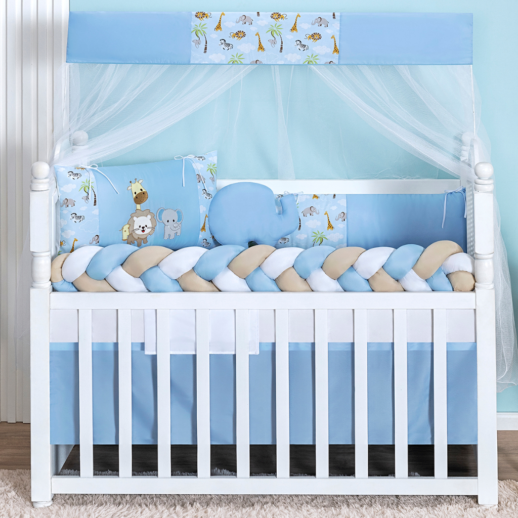 Kit Berço Trança Safari Azul Zoo Americano e Nacional Elefante Leão Girafa Slim Completo