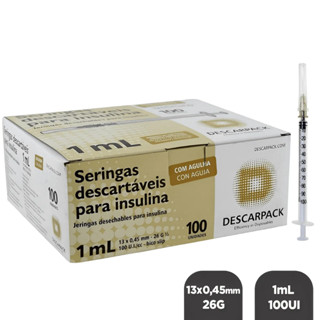 Seringa Descartável Para Insulina 13 x 0.45 26 G½ 1mL 100 UI Caixa com 100 Unidades Descarpack