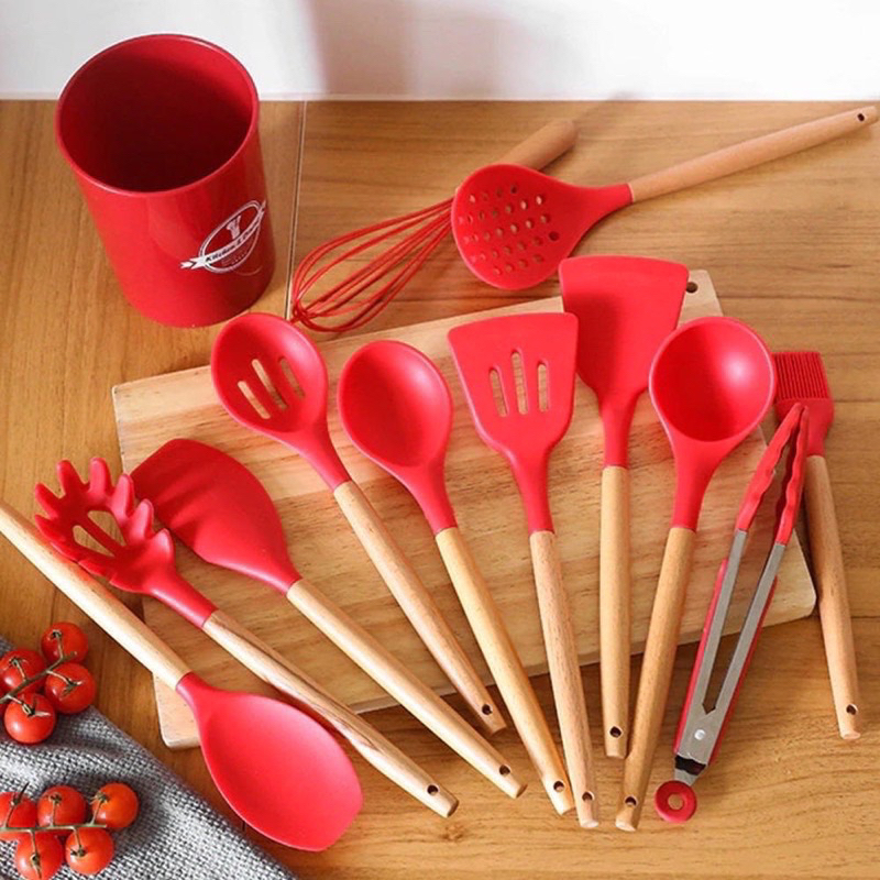 Jogo Kit c/12 Peças Utensílios De Cozinha Colheres Espátula Silicone Cabo Madeira Livre BPA