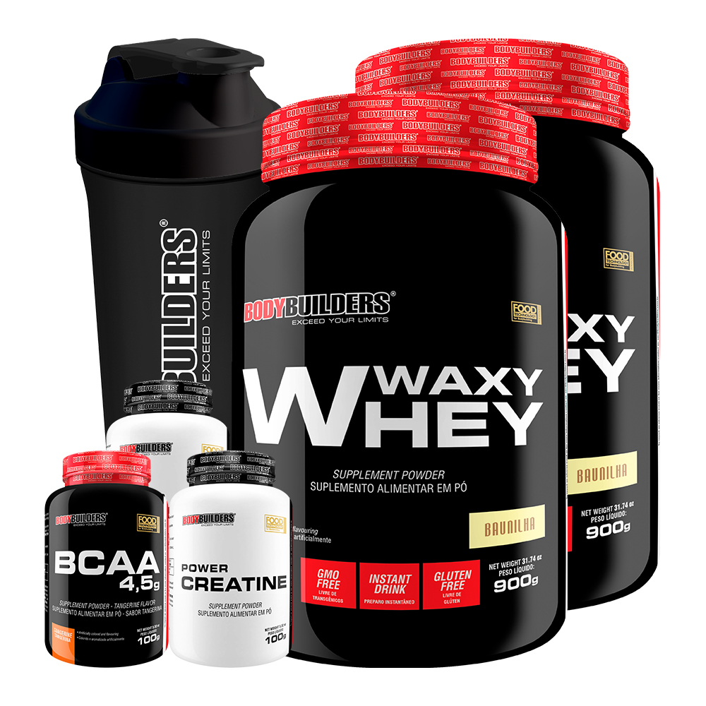 Kit 2x Waxy Whey 900g + BCAA 4,5 100g + 2x Power Creatina 100g + Coqueteleira - Bodybuilders - Health