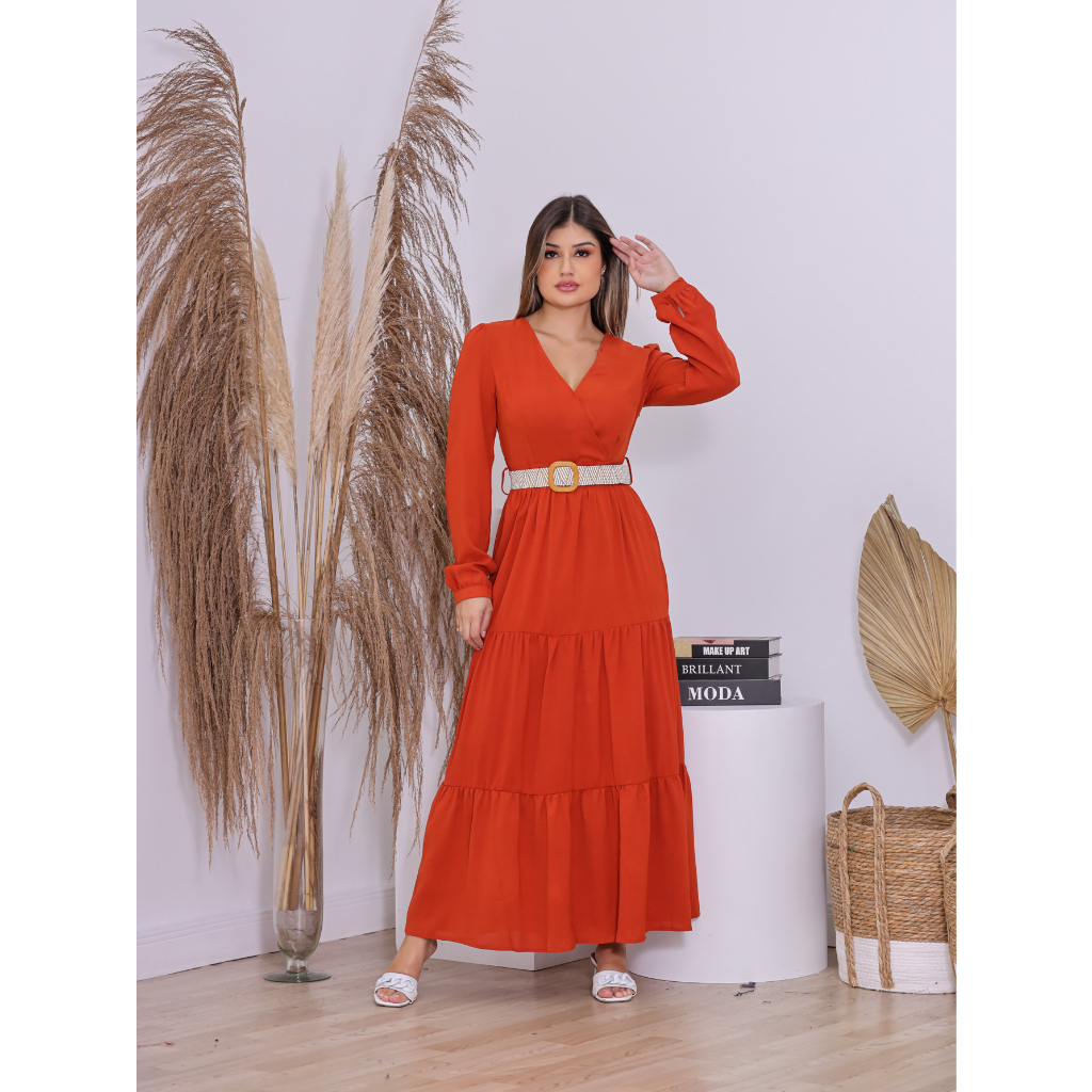 Vestido Longo Feminino Elegante com Babados e Decote Transpassado Manga Longa com Elástico sem Cinto