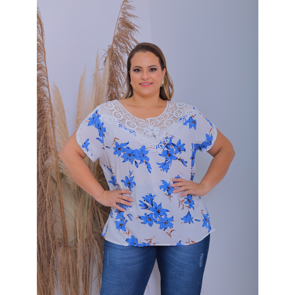 Camiseta Feminina Plus Size Estampada Manga Curta Renda Decote V em Viscose Casual Verão Fashion em Oferta na Shopee