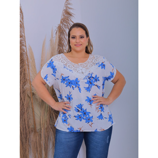 Camiseta Feminina Plus Size Estampada Manga Curta Renda Decote V em Viscose Casual Verão Fashion em Oferta na Shopee