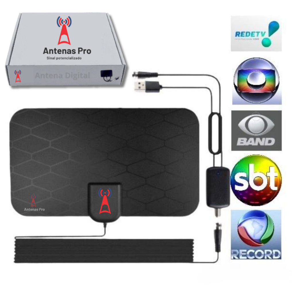 Antena de Tv Smart Digital Interna Amplificada HDTV UHF/VHF Full 4k canais abertos com melhor alcance e recepção p/ casa e ap 3m cabo lançamento 2024