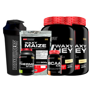 Kit 2x Whey Protein Waxy Whey Pote 900g + BCAA 4.5 100g + Thermo Start 120g + Waxy Maize 800g + Coqueteleira - Kit de Suplementos Para Ganho de Massa Muscular - Bodybuilders
