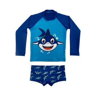 Conjunto Praia Baby Shark Camiseta UV e Sunga infantil Criança Verão