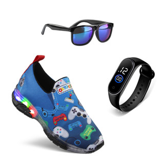 Tênis Led Infantil Luzinha Menino Masculino Meia Calce Fácil Leve Flexível Confortável VIDEO GAME JOGOS + OCULOS E RELOGIO LANÇAMENTO ENVIO IMEDIATO