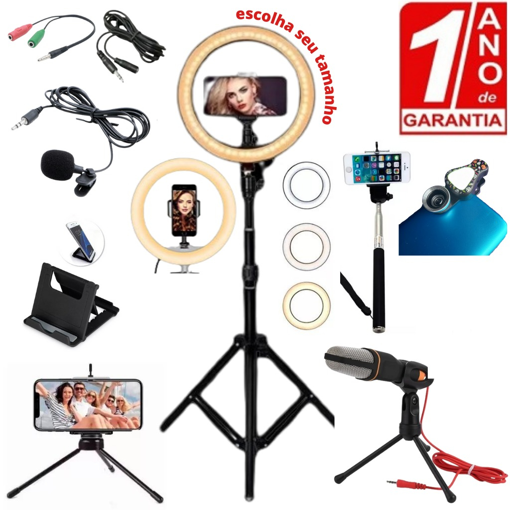Kit Youtuber Podcast Profissional Ring Light Normal e Colorida RGB Tripé Pedestal Celular Microfone de Mesa
