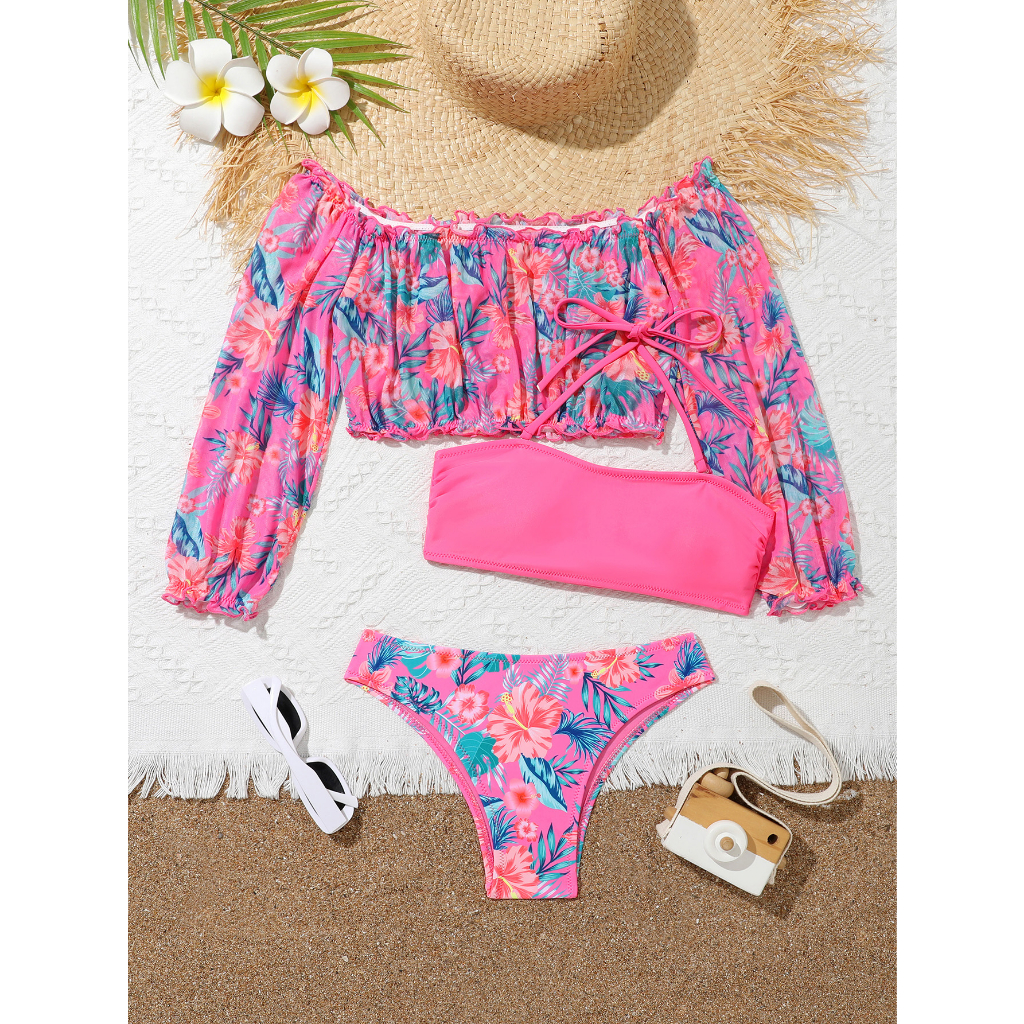 RWX Vest Conjunto Juvenil Biquíni Estampa Floral Manga Comprida e Top Três peças Verão 2025 A2032