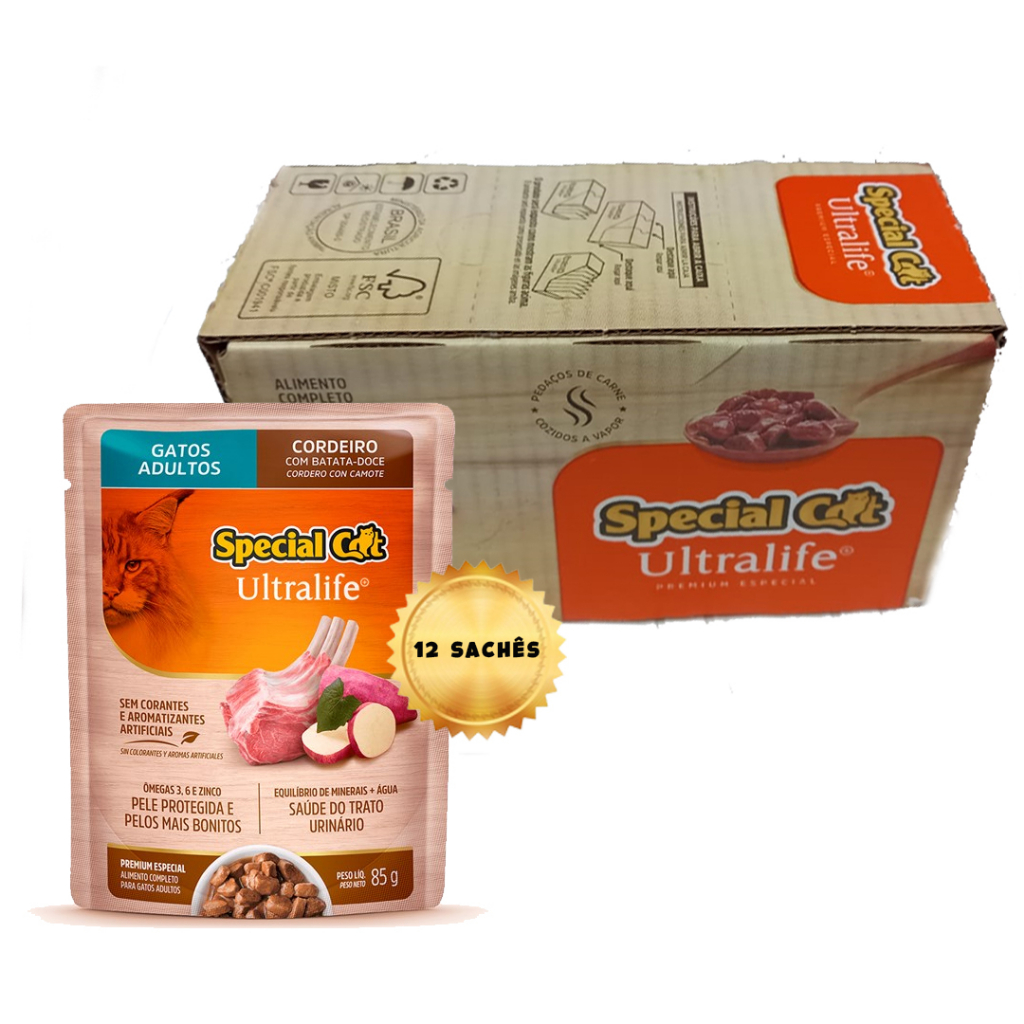 Ração Úmida Sachê Special Cat para Gatos Adultos sabor Cordeiro com Batata-Doce 85 g - 12 Unidades