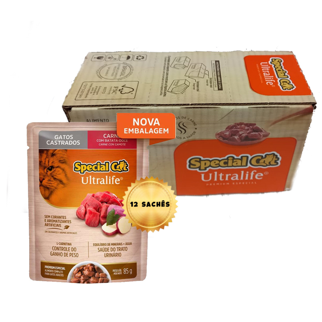 Sachê Special Cat para Gatos Castrados sabor Carne e Batata Doce 85 g - 12 Unidades