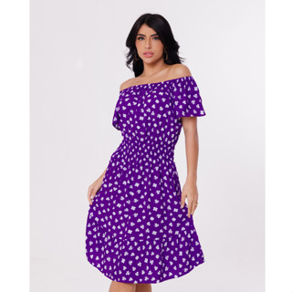 Vestido Curto de Ombro a Ombro Com Elastic na Cintura Estampado