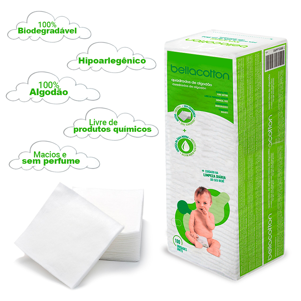 Algodão Quadrado Bellacotton Bebê Kit 3x100 Hipoalergênico Sem Fragrância Recém Nascido · foto 2