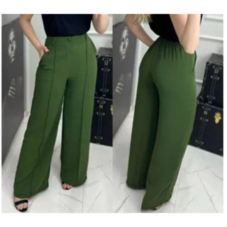 Calca Pantalona Verde Militar Feminina Tecido Duna Com Elastico Na Cintura