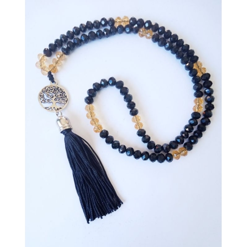 Imagem Japamala 108 Contas Cristal Negro E Âmbar Com Meru Pingente Árvore da Vida Rosário Budista Ref:314