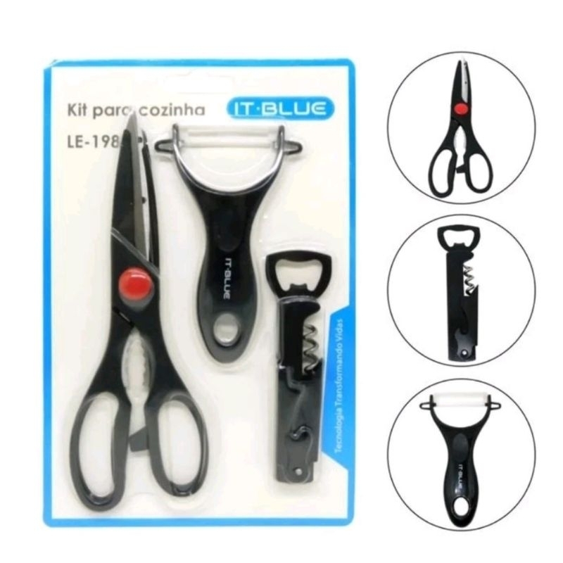 Kit Cozinha 3 Peças Tesoura Descascador Abridor Saca Rolha