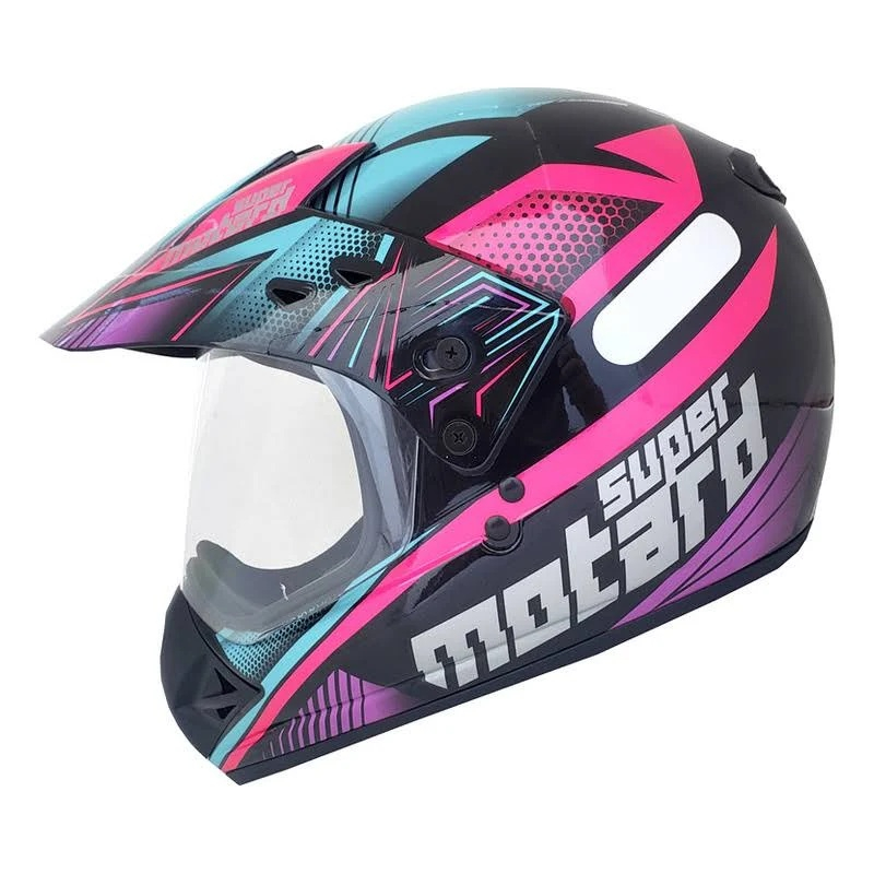 Capacete Moto Esportivo Ebf Super Motard Action Preto Rosa Cross Trilha C/ Viseira