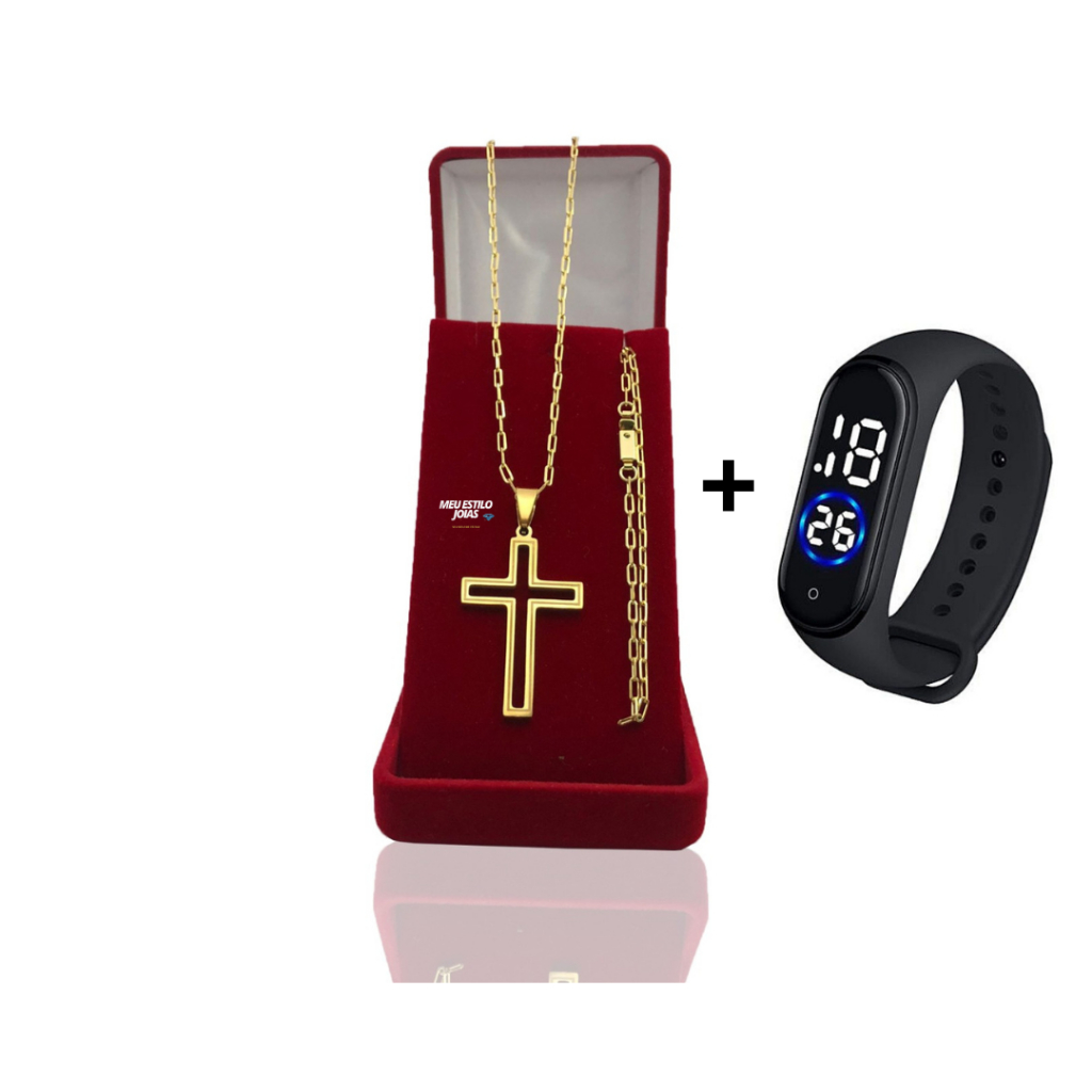 Cordão Masculino Banhado Ouro 2mm com Pulseira e Pingente Cruz Vasada + Relogio Digital Prova Dagua
