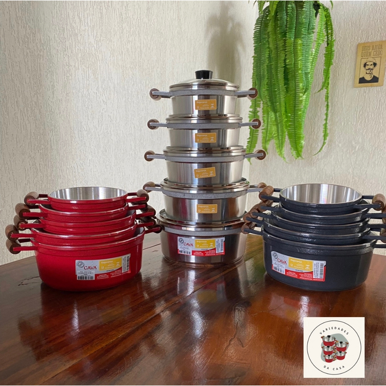 kit Jogo de Panela Cava com 5 Peças de Alumínio grosso, Alça de Madeira e Tampa de vidro temperado em Oferta na Shopee