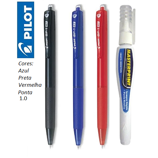 kit 3 Caneta Retrátil BP-1 RT 1.0 Pilot + 1 Corretivo Caneta Masterprint