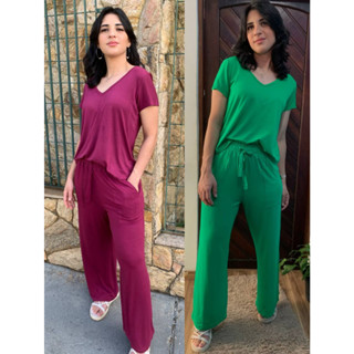 KIT 2 CONJUNTOS FEMININO BLUSA BÁSICA GOLA V + CALÇA PANTALONA CINTURA ALTA VISCOLYCRA CINTURA ALTA COM BOLSO