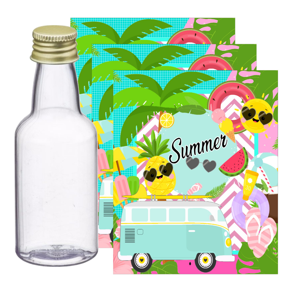 10 Adesivos para Garrafinha 50ml Tropical Summer - Pronto para ser aplicado, Lembrancinhas de Aniversário Praia, Tropical, Festa na Piscina, Pool Party, Frutas, tema Hawai, Tema Praiano.
