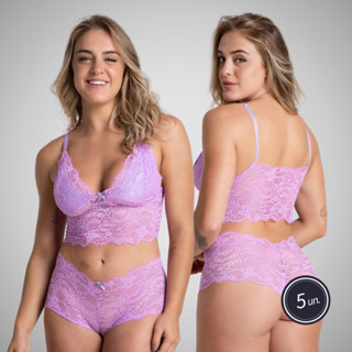 Promoção Kit 5 Conjuntos Sensual Cropped Sem Bojo Calesson Renda Espera Marido Lua De Mel 303