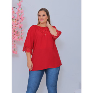 Plus size blusa Manga Cropped 3/4 com Botões e Renda