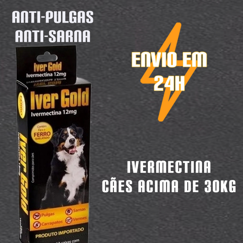 IverGold Ivermectina 12mg Para Cães acima de 30kg c/ 4 Comprimidos Vermífugo, Anti-Pulgas, Anti-Carrapatos e Combate a Sarna