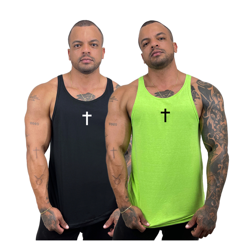 Kit 2 Regatas Cavada Masculina em Algodão em várias cores Estampa Cruz - Bombey