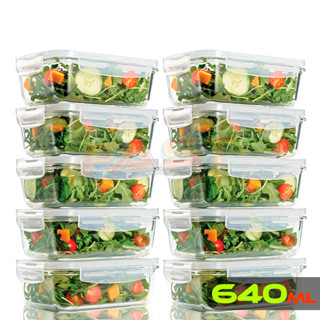 Conjunto de 10 Potes de Vidro Borossilicato Capacidade de 640 ML Com 4 Travas Hermética Vedação em Silicone Vai ao Freezer Micro-ondas e Forno Alta Resistência Produto Premium Marmita Fit Organizador de Geladeira BPA FREE