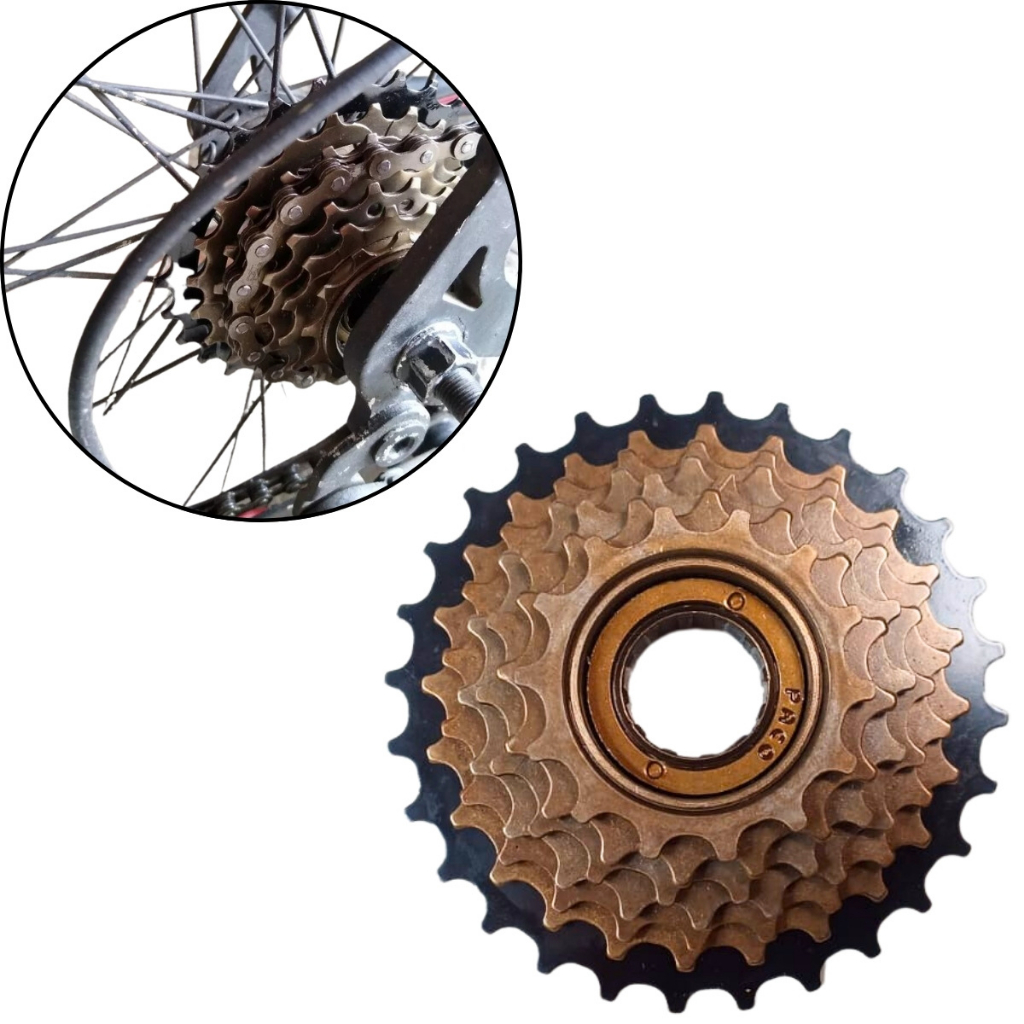 Roda Livre Catraca K7 Paco 3x7v De Rosca Dourada 14/28 Dentes 7v Indexada 21 Velocidades  Bike Aro 24 26 29 Marchas Dourada e Preta