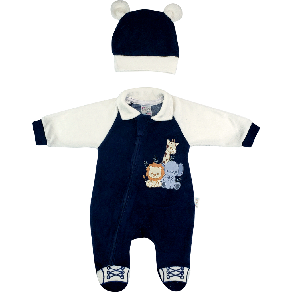 Macacão Bebê Plush Com Touca Bordado Safari Menino Inverno 2 Peças Inverno Algodão