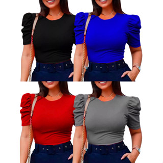 Kit com 4 Blusas Feminina Canelada Blusinha Manga Curta Princesa Bufante Roupas Femininas Verão