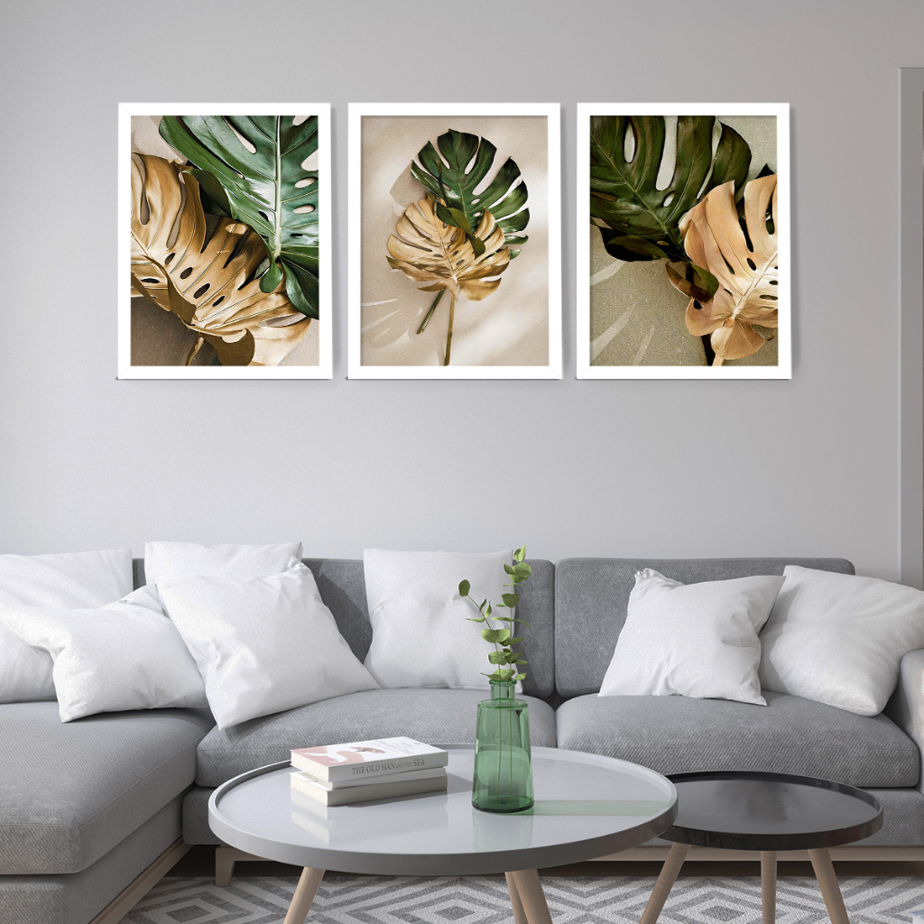 Kit 3 Quadros Decorativo Para Sala Moderno Com Moldura Folhagem Costela Adão · foto 2