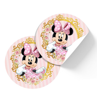 40 Tags Adesivos Minnie Rosa com dourado 3,5cm